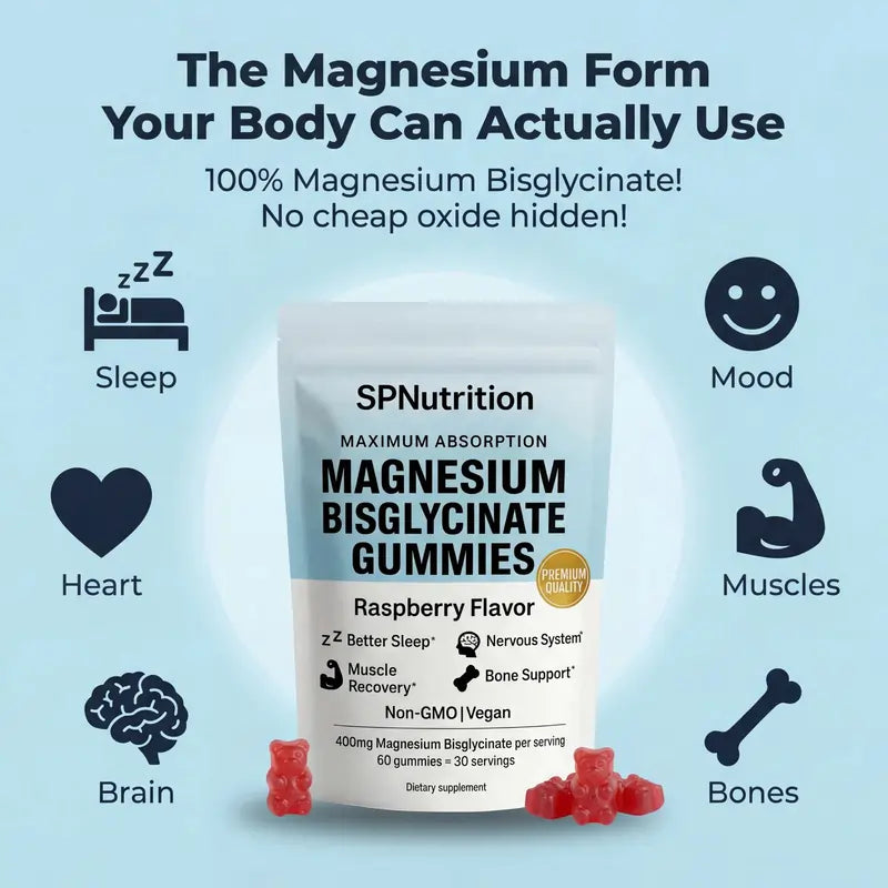 SP Nutrition Magnesium Bisglycinate Gummies packaging with health benefits icons on a light blue background