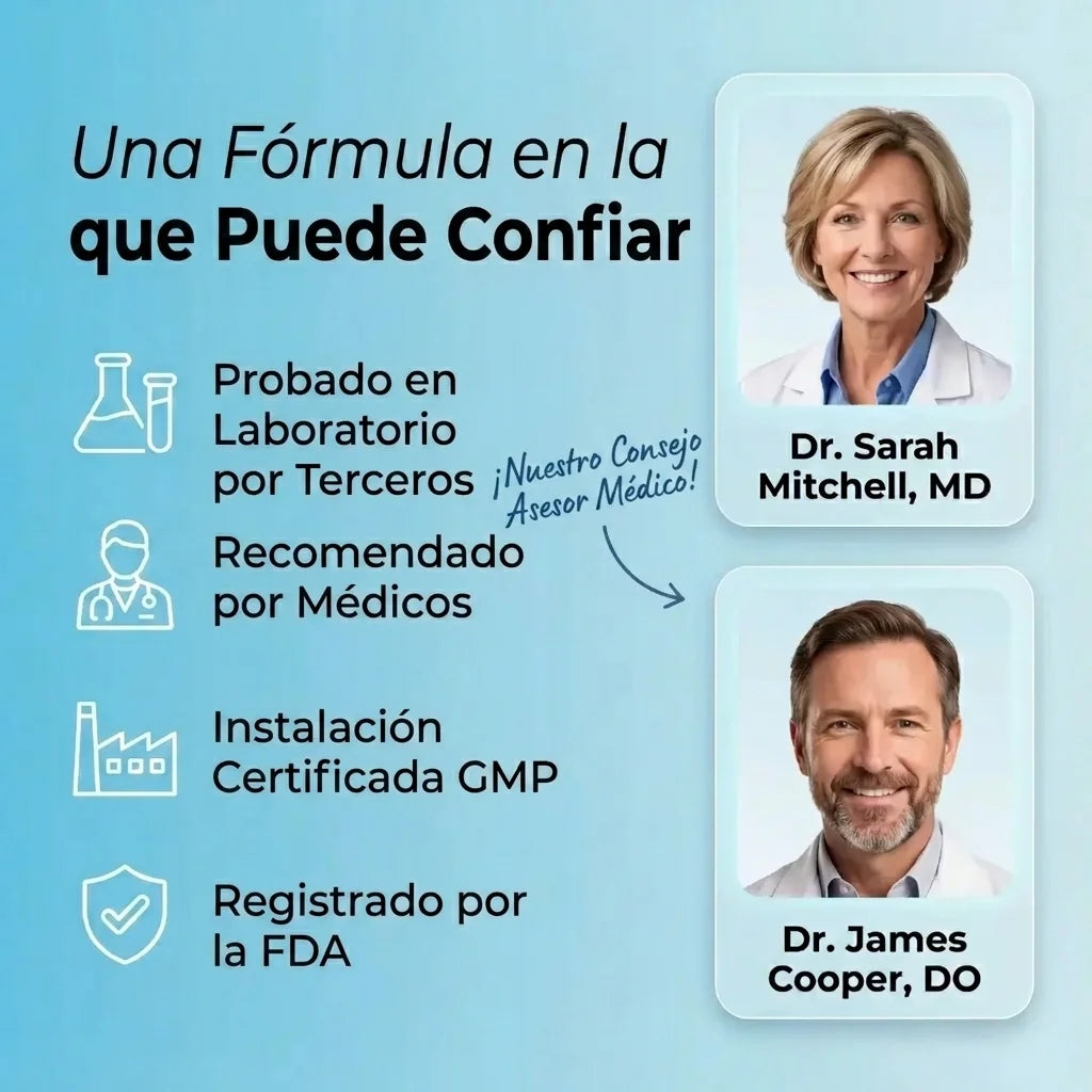 Promotional graphic with two doctors' portraits and certification icons on a blue background