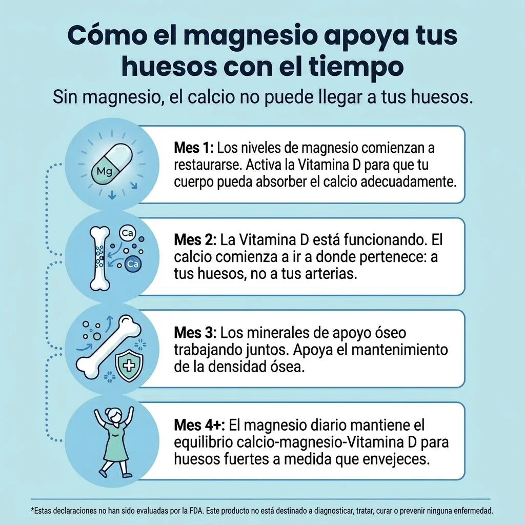 Infographic explaining how magnesium supports bones over time on a blue background