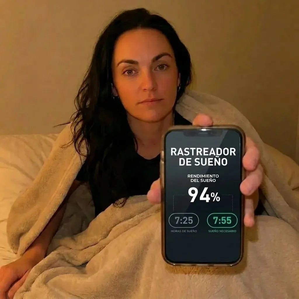 Woman in bed holding a phone displaying sleep tracking app with 94% completion.